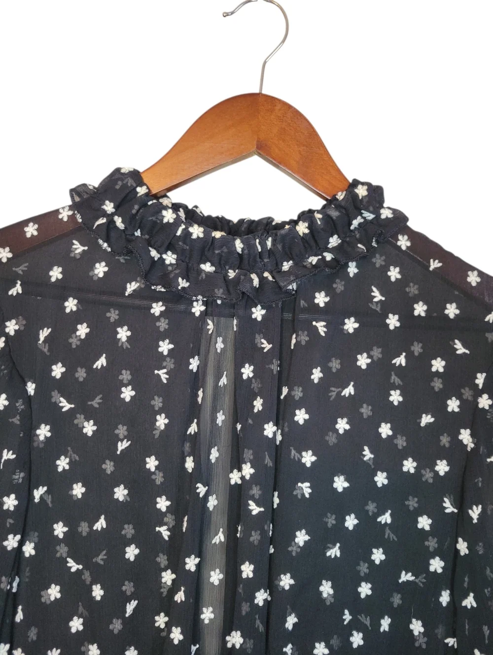 Zara Sheer Embroidered Blouse Small Black Floral Mesh Ruffle Neck Peplum Top - Picture 4 of 10